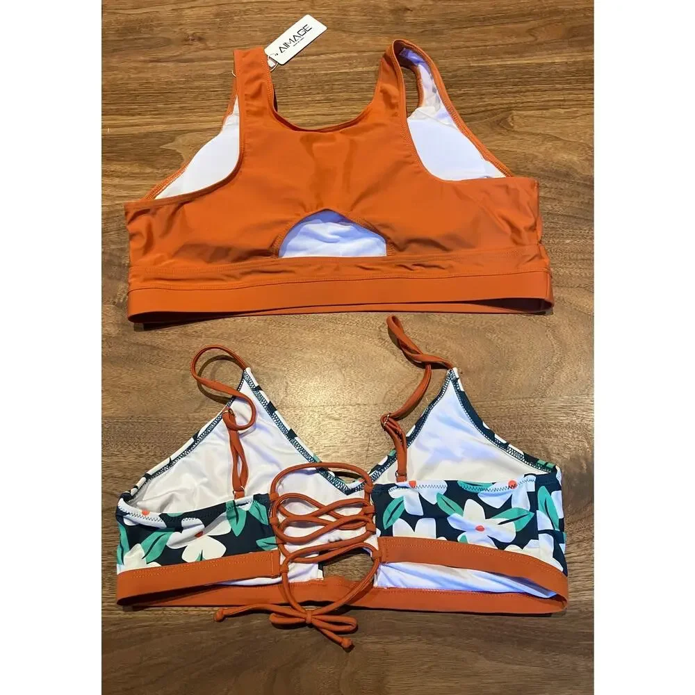 Lot‎ of 2 Aimage XXL Swim Tops Orange & Floral Lace-Up Bikini Tankini Set
